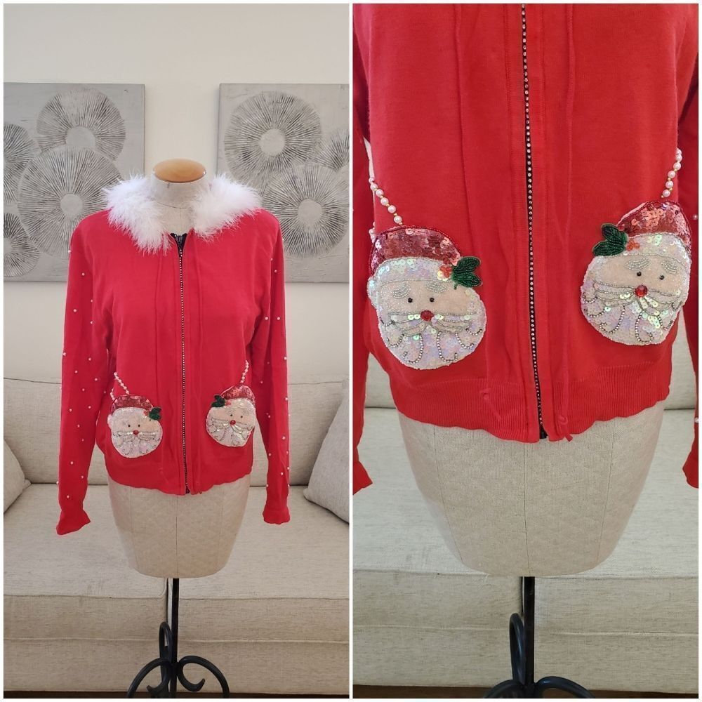 Collective Works Of Berek 2 Embellished Christmas Santa Clause Zip-Up Hoodie LG